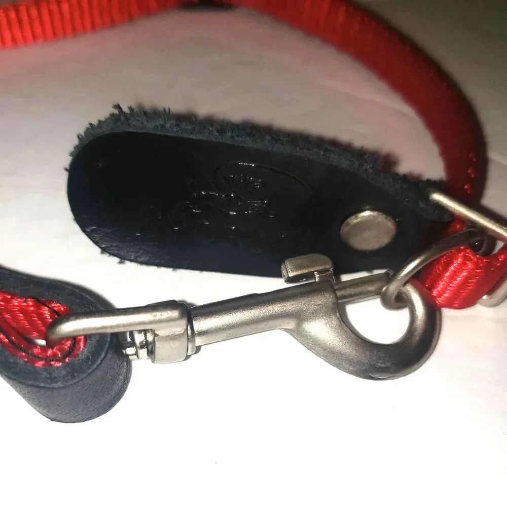Sporn Red 6 Foot Dog Leash with Red and Navy Blue Quilted Dog Jacket Size Small